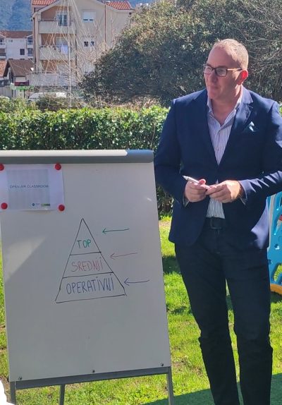 A man in a suit stands next to a whiteboard displaying a triangle diagram labeled 'TOP,' 'SREDNJI,' and 'OPERATIVNI.'
